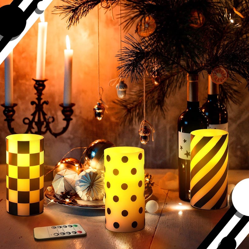 ROCEEI Store 3 Pcs Black and White Checked Flameless Candles Battery Operated LED Candles Flickering Real Wax Decorations for Indoor Holiday Party Table Decor - Image 4